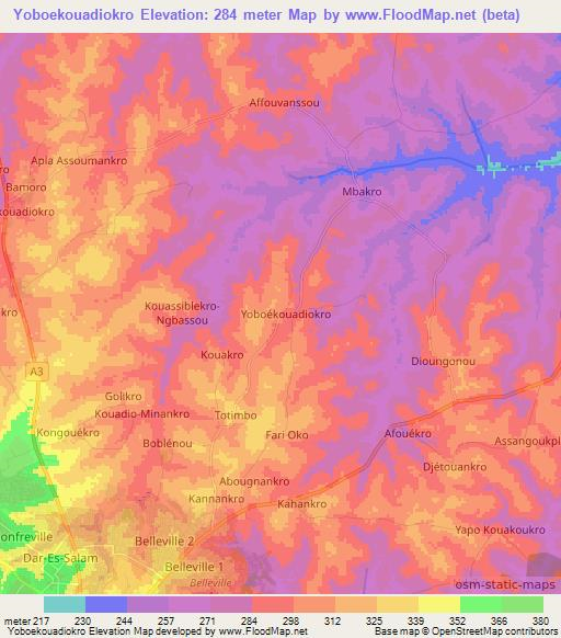 Yoboekouadiokro,Ivory Coast Elevation Map