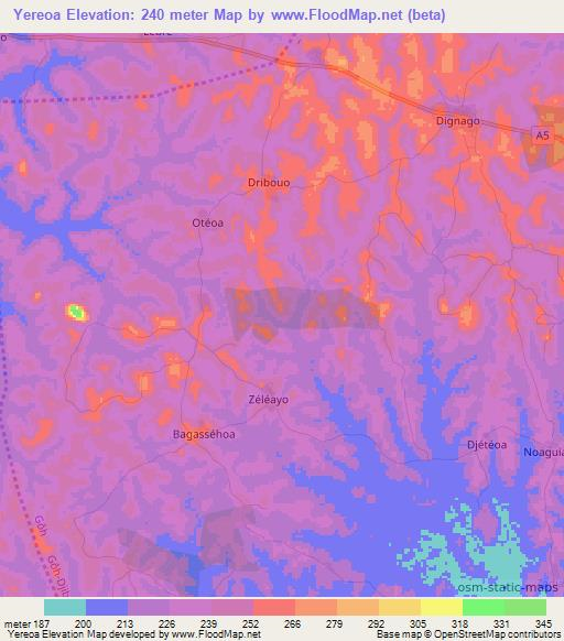 Yereoa,Ivory Coast Elevation Map
