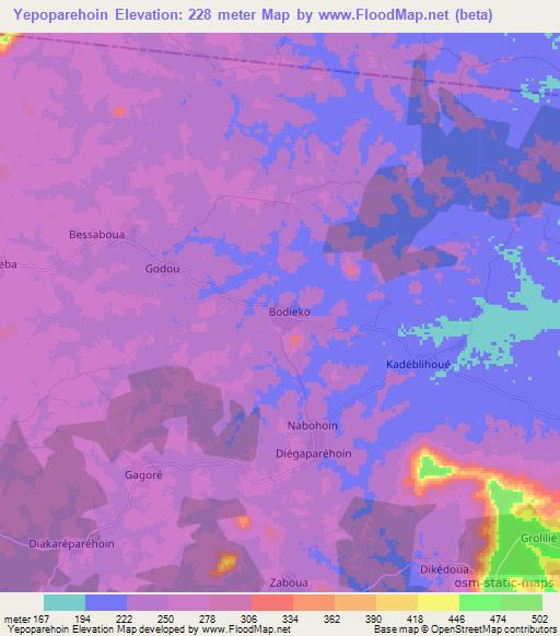 Yepoparehoin,Ivory Coast Elevation Map