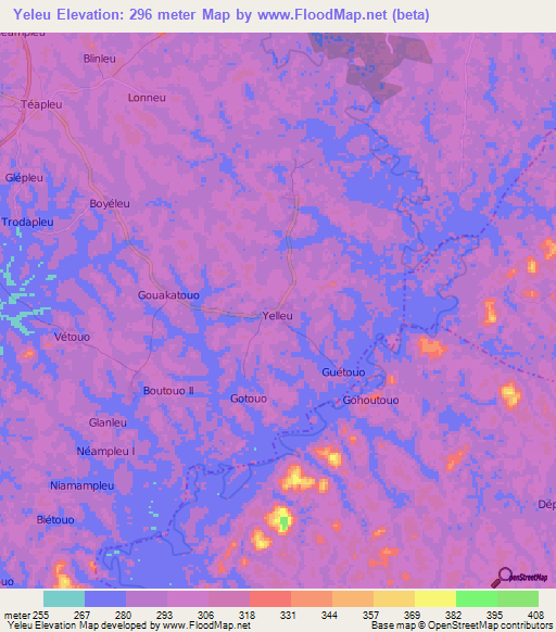 Yeleu,Ivory Coast Elevation Map
