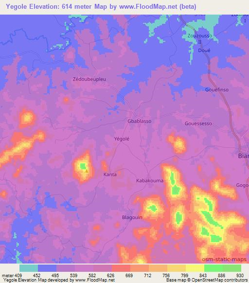 Yegole,Ivory Coast Elevation Map