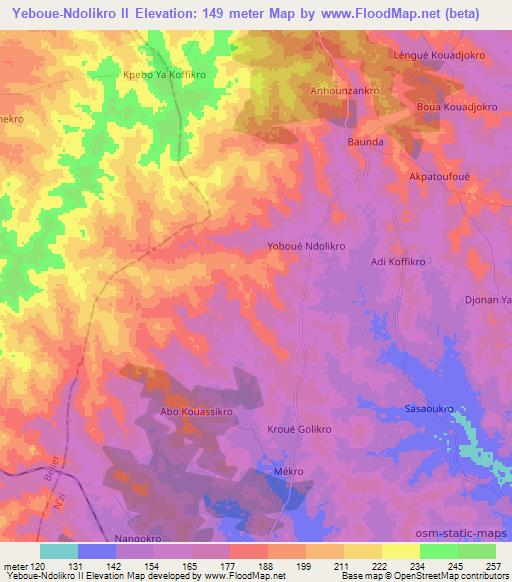 Yeboue-Ndolikro II,Ivory Coast Elevation Map