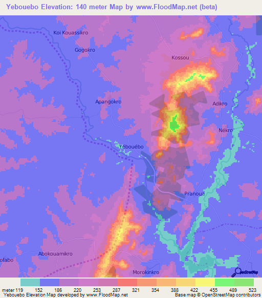 Yebouebo,Ivory Coast Elevation Map