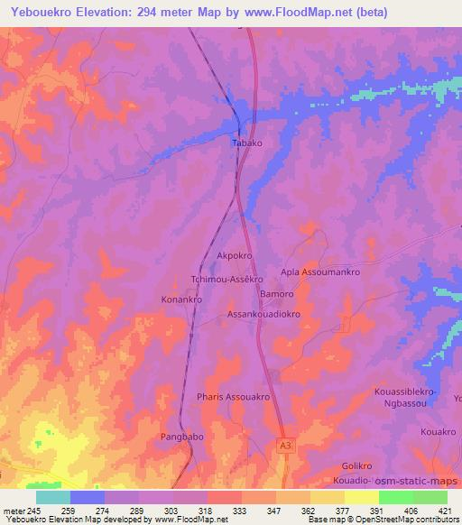Yebouekro,Ivory Coast Elevation Map