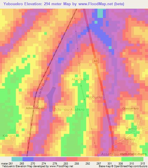 Yebouekro,Ivory Coast Elevation Map