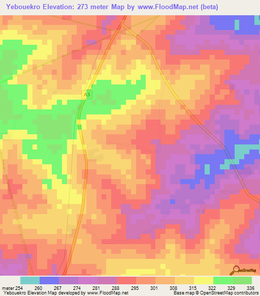 Yebouekro,Ivory Coast Elevation Map