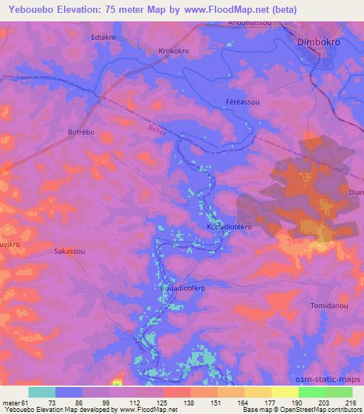 Yebouebo,Ivory Coast Elevation Map
