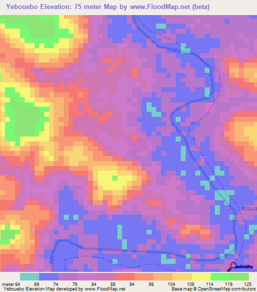 Yebouebo,Ivory Coast Elevation Map