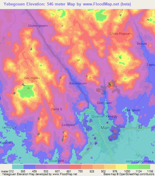 Yebegouen,Ivory Coast Elevation Map