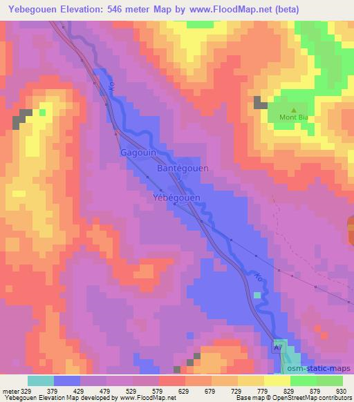 Yebegouen,Ivory Coast Elevation Map