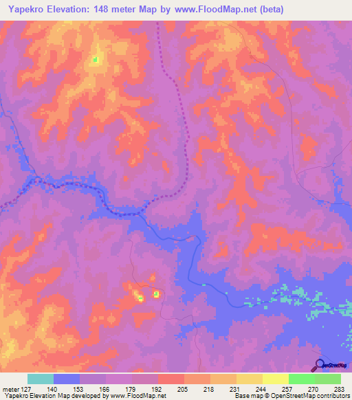 Yapekro,Ivory Coast Elevation Map