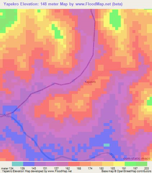 Yapekro,Ivory Coast Elevation Map