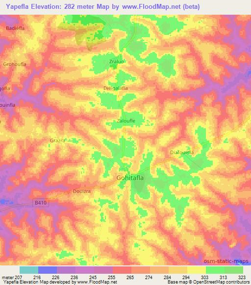 Yapefla,Ivory Coast Elevation Map