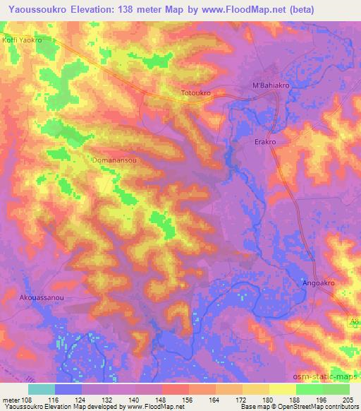 Yaoussoukro,Ivory Coast Elevation Map