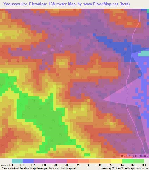 Yaoussoukro,Ivory Coast Elevation Map