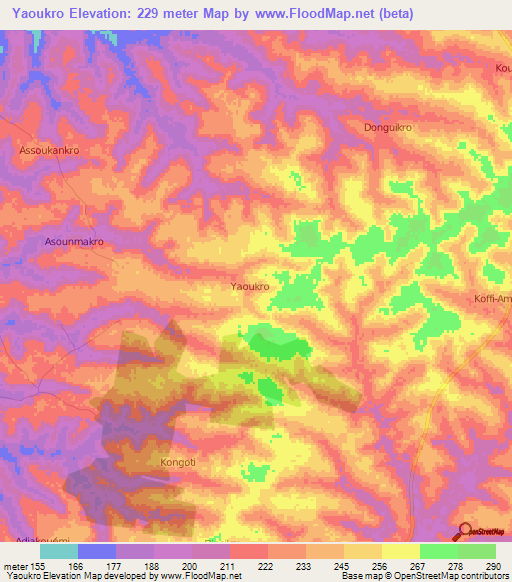 Yaoukro,Ivory Coast Elevation Map