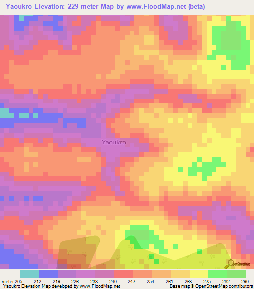 Yaoukro,Ivory Coast Elevation Map