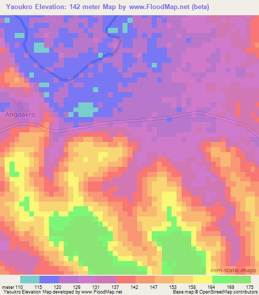 Yaoukro,Ivory Coast Elevation Map