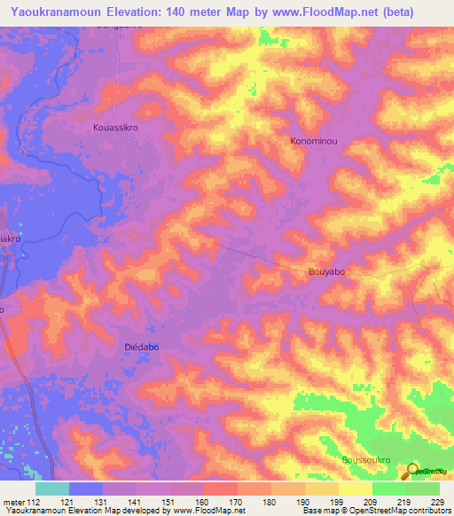Yaoukranamoun,Ivory Coast Elevation Map