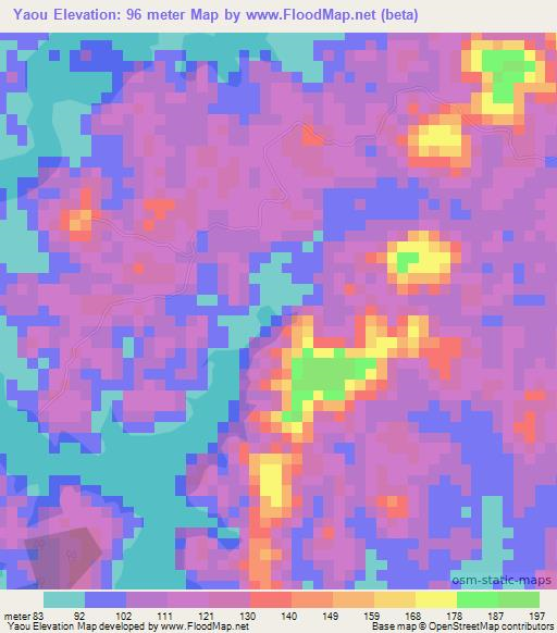 Yaou,Ivory Coast Elevation Map