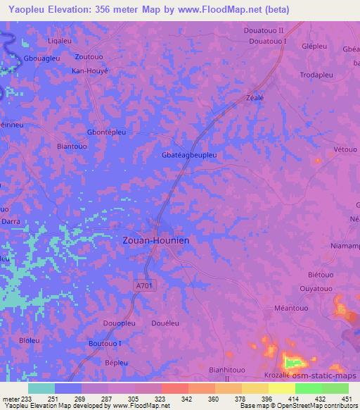 Yaopleu,Ivory Coast Elevation Map
