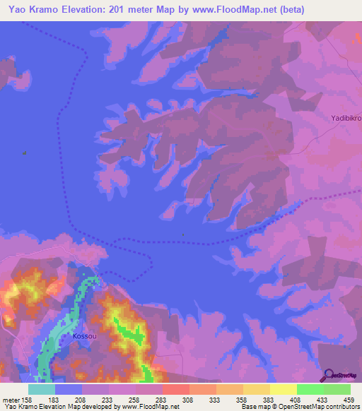Yao Kramo,Ivory Coast Elevation Map