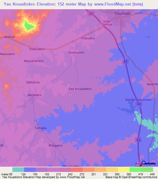Yao Kouadiokro,Ivory Coast Elevation Map