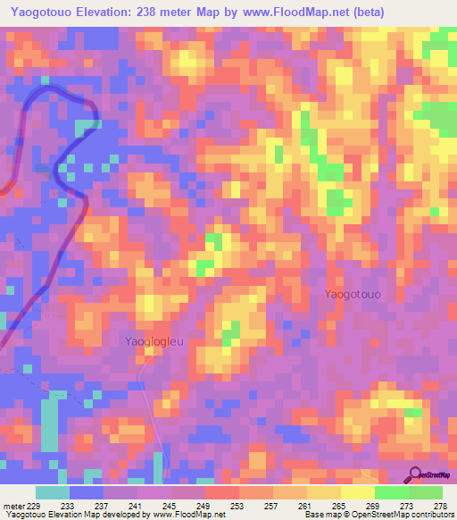 Yaogotouo,Ivory Coast Elevation Map