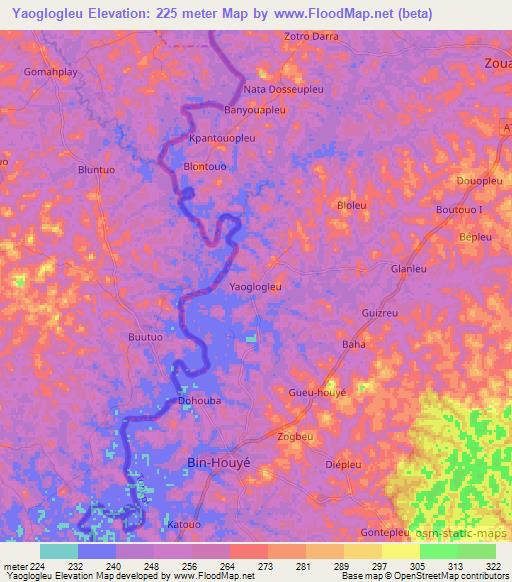 Yaoglogleu,Ivory Coast Elevation Map