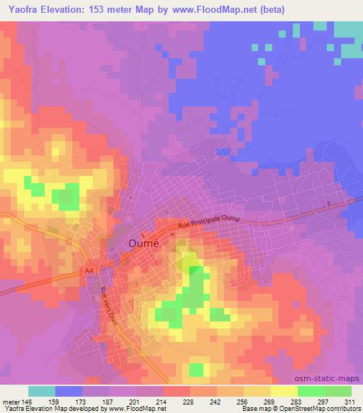 Yaofra,Ivory Coast Elevation Map