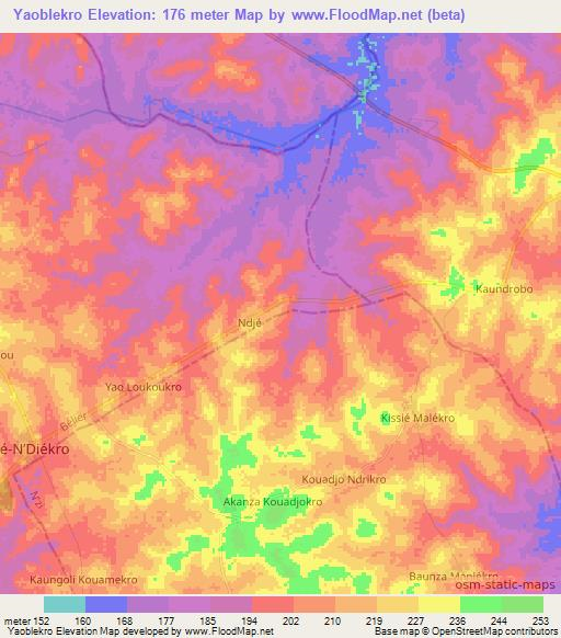 Yaoblekro,Ivory Coast Elevation Map