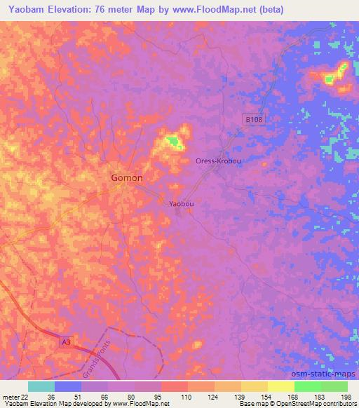 Yaobam,Ivory Coast Elevation Map