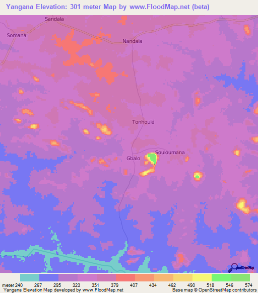 Yangana,Ivory Coast Elevation Map