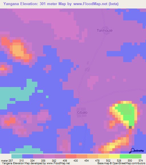 Yangana,Ivory Coast Elevation Map