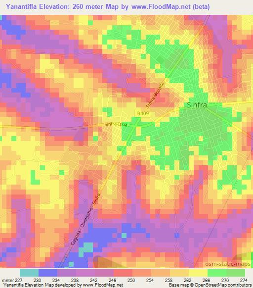 Yanantifla,Ivory Coast Elevation Map