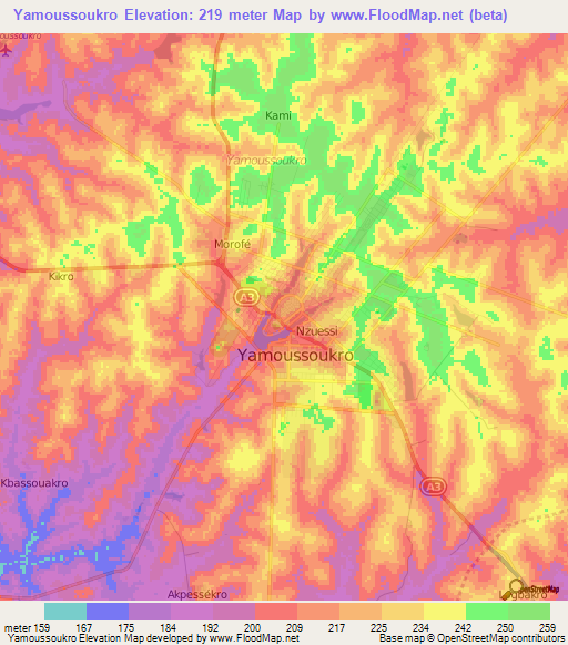 Yamoussoukro,Ivory Coast Elevation Map