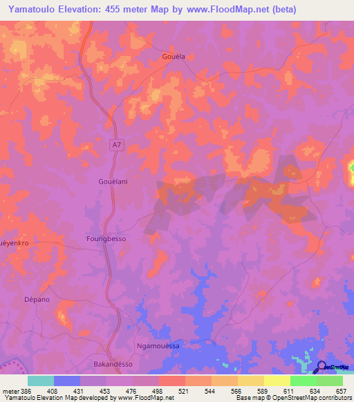 Yamatoulo,Ivory Coast Elevation Map
