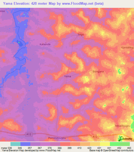 Yama,Ivory Coast Elevation Map