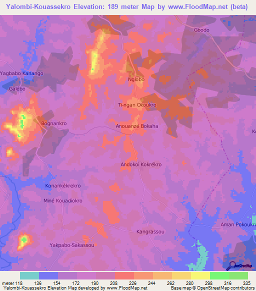 Yalombi-Kouassekro,Ivory Coast Elevation Map