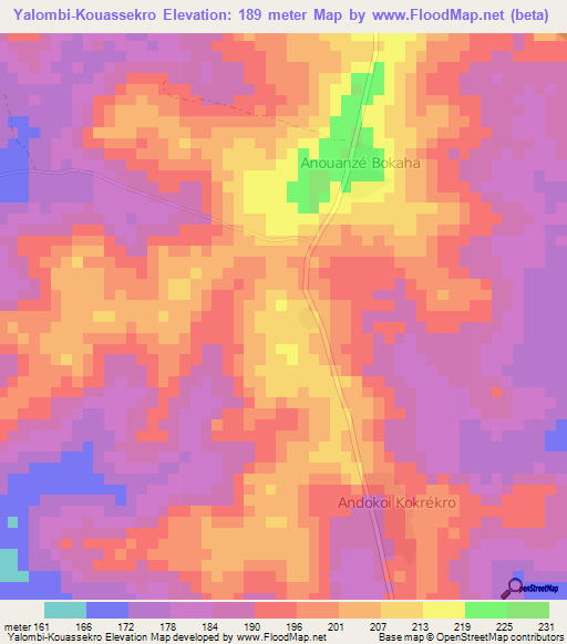 Yalombi-Kouassekro,Ivory Coast Elevation Map