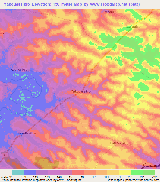 Yakouassikro,Ivory Coast Elevation Map