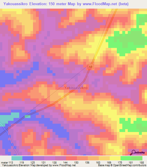 Yakouassikro,Ivory Coast Elevation Map