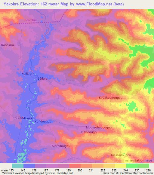 Yakokre,Ivory Coast Elevation Map