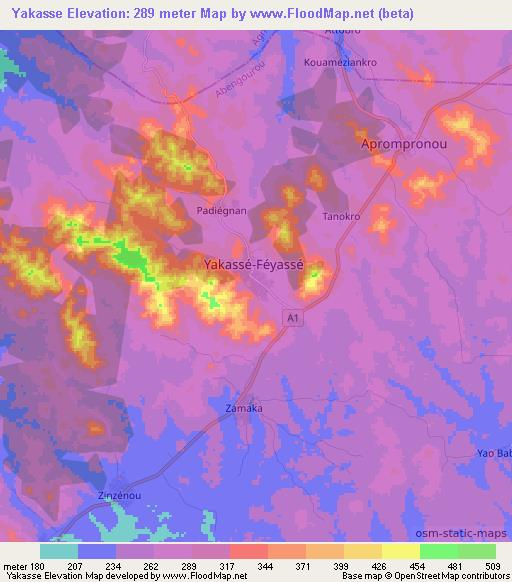Yakasse,Ivory Coast Elevation Map