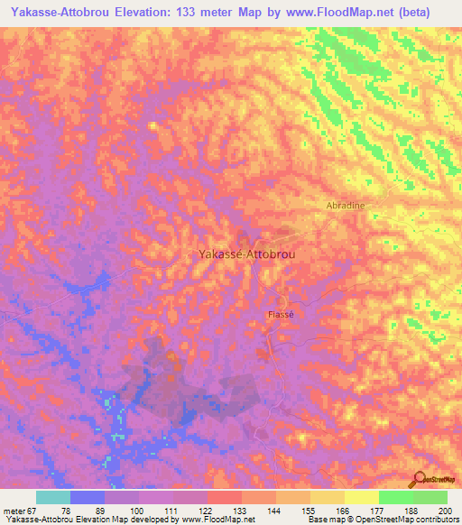 Yakasse-Attobrou,Ivory Coast Elevation Map
