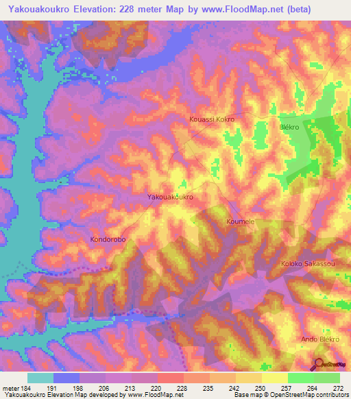 Yakouakoukro,Ivory Coast Elevation Map