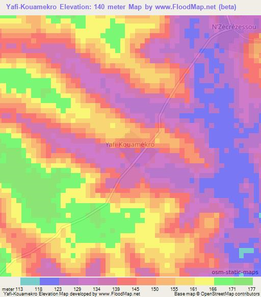 Yafi-Kouamekro,Ivory Coast Elevation Map