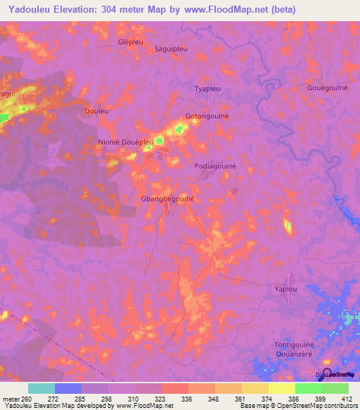 Yadouleu,Ivory Coast Elevation Map