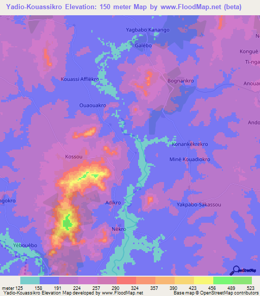Yadio-Kouassikro,Ivory Coast Elevation Map