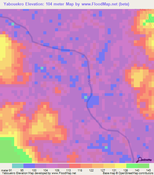 Yabouekro,Ivory Coast Elevation Map